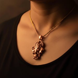 Sterling Silver Ganesha Pendant Necklace, Hindu Charm, Spiritual Jewelry Rose Gold Finish