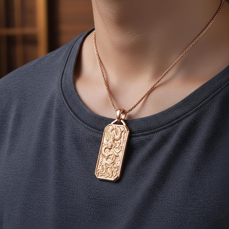 Chinese Dragon Pendant – Eastern Mythology Necklace for Men, Protection Amulet, Handcrafted Oxidized Silver Gift Rose Gold Finish