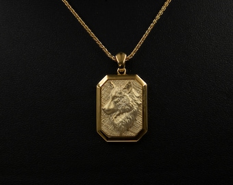 18K Gold Personalized Wolf Pendant, Custom Animal Jewelry, Mens Jewelry Gift Ideas, Wolf Head Charm Anniversary Gift