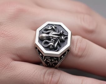 Octopus Ring Silver Ring for Men | Underwater Lovecraftian Cosmic Horror Jewelry | Customizable Cthulhu Ring | Personallized Gift Ideas