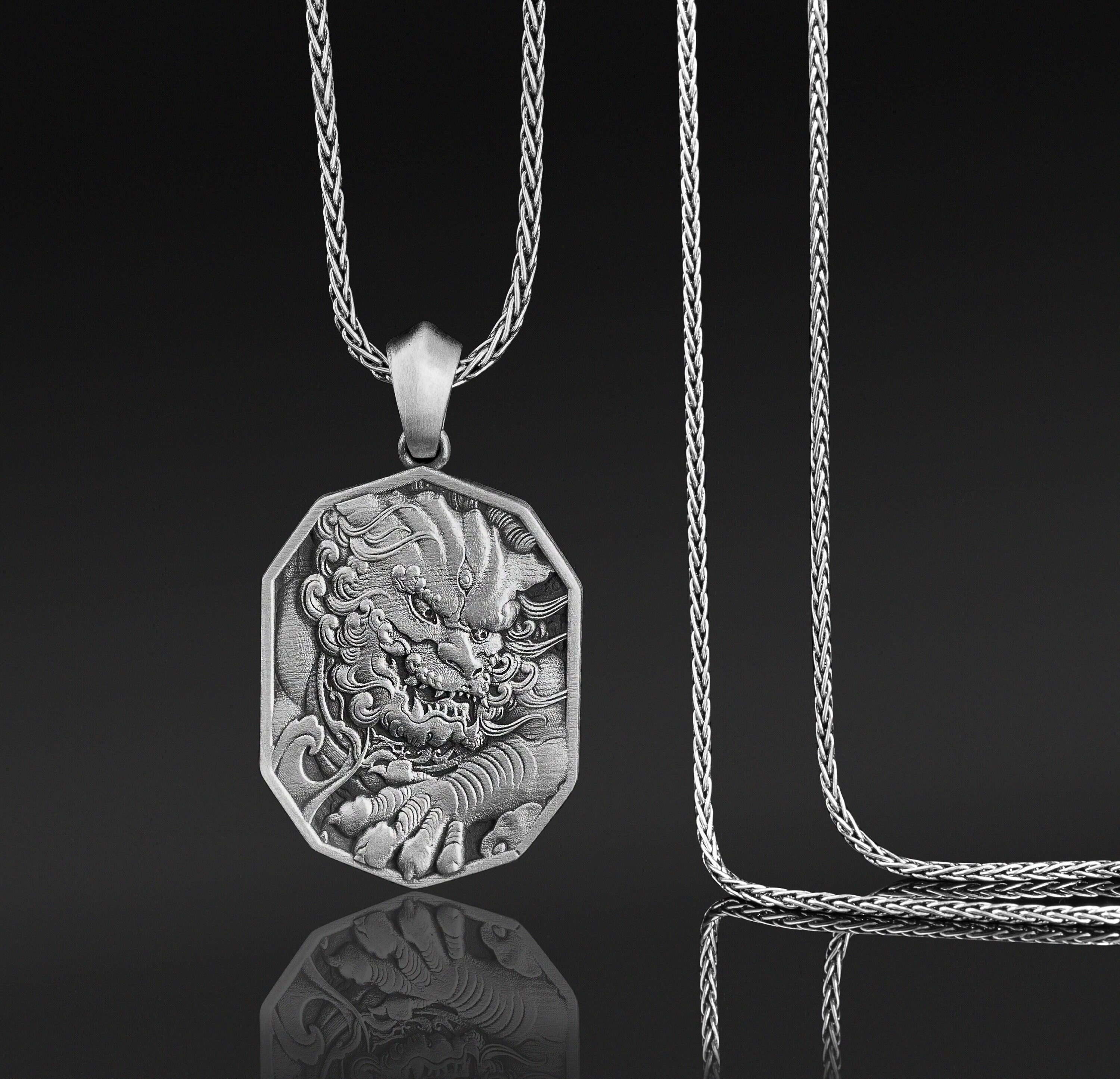 Guardian Lion | Foo Dog | Silver Men Charm Necklace | Chinese