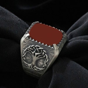 Tiger Eye Tree Of Life Ring - Sterling Silver Men's Signet Ring With Yggdrasil Design - View #10