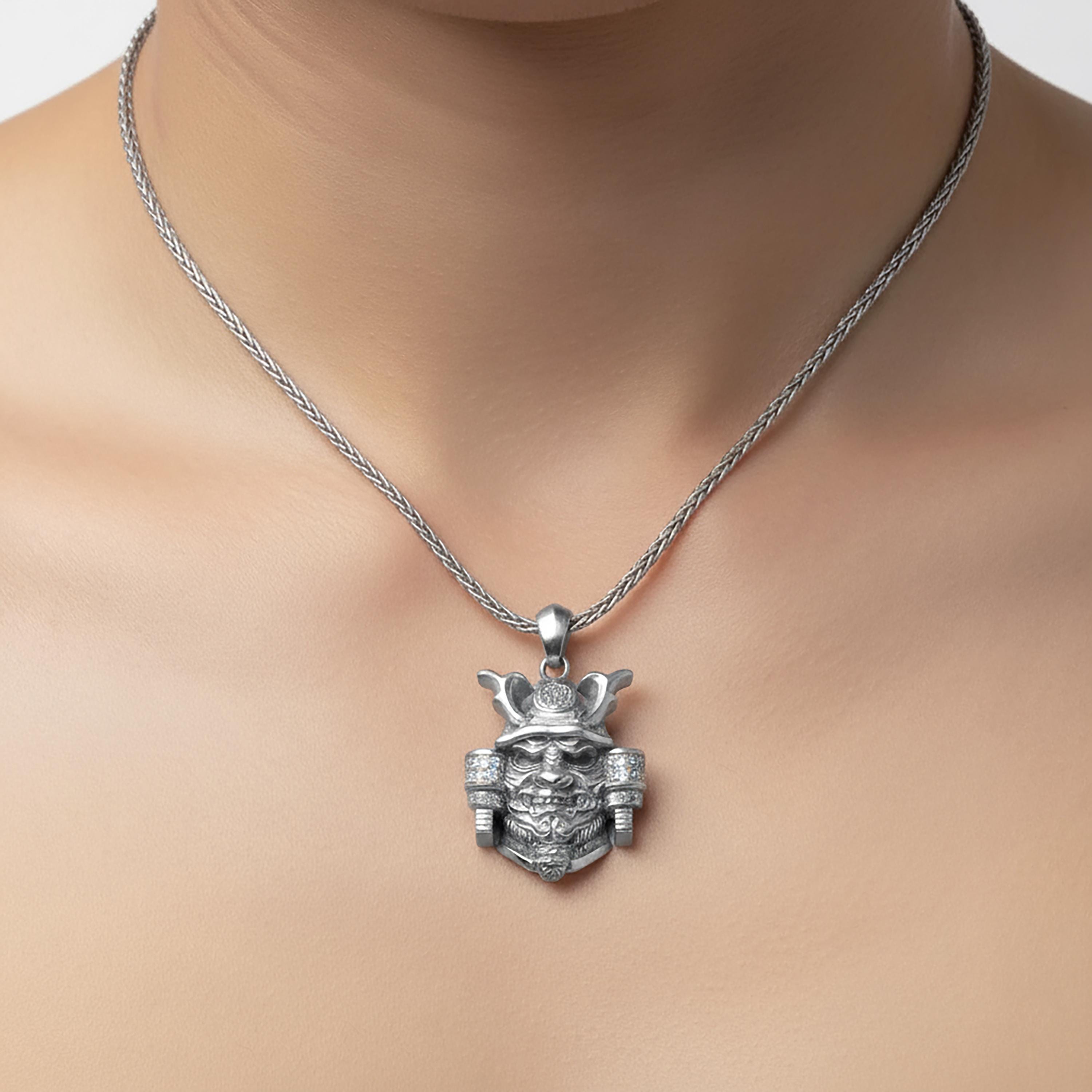 Sterling Silver Oni Mask Necklace, Samurai Demon Pendant, Japanese