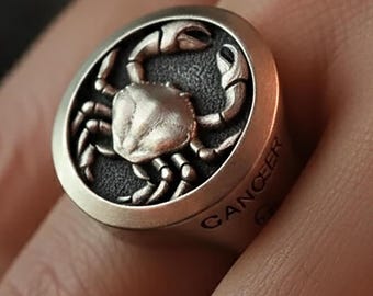 カニのシグネットリング 925スターリングシルバー - 手作りの蟹座の