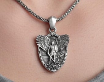 Saint Michael Men Necklace, Archangel St Michael Pendant, Handmade 925 Sterling Silver Religious Jewelry, Personalized Gift For Men