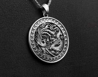 Silver Dragon And Phoenix Necklace Yin & Yang Chinese Mythologic Sacred Emblems Symbolic Gift Animals Women's Pendant Empress Men's Emperor