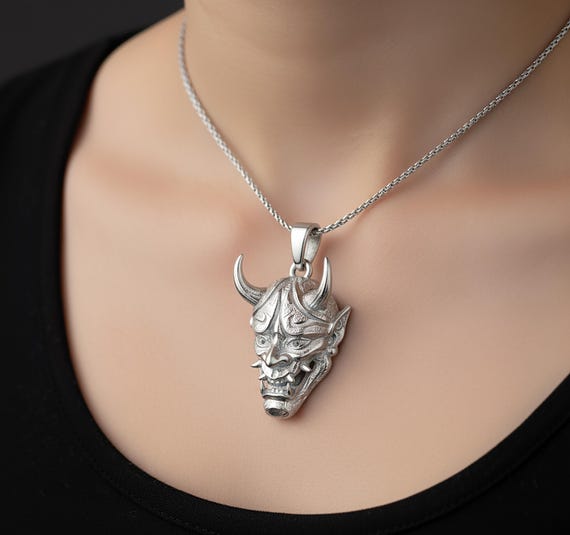 Oxidized Sterling Silver Hannya Mask Necklace, Japanese Oni Demon