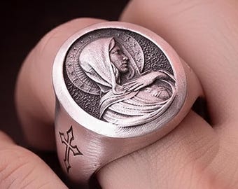 925 Silver Saint Mary Signet Ring - Religious Catholic Jewelry, Virgin Mary Statement Ring, Christian Gift for Him or Her