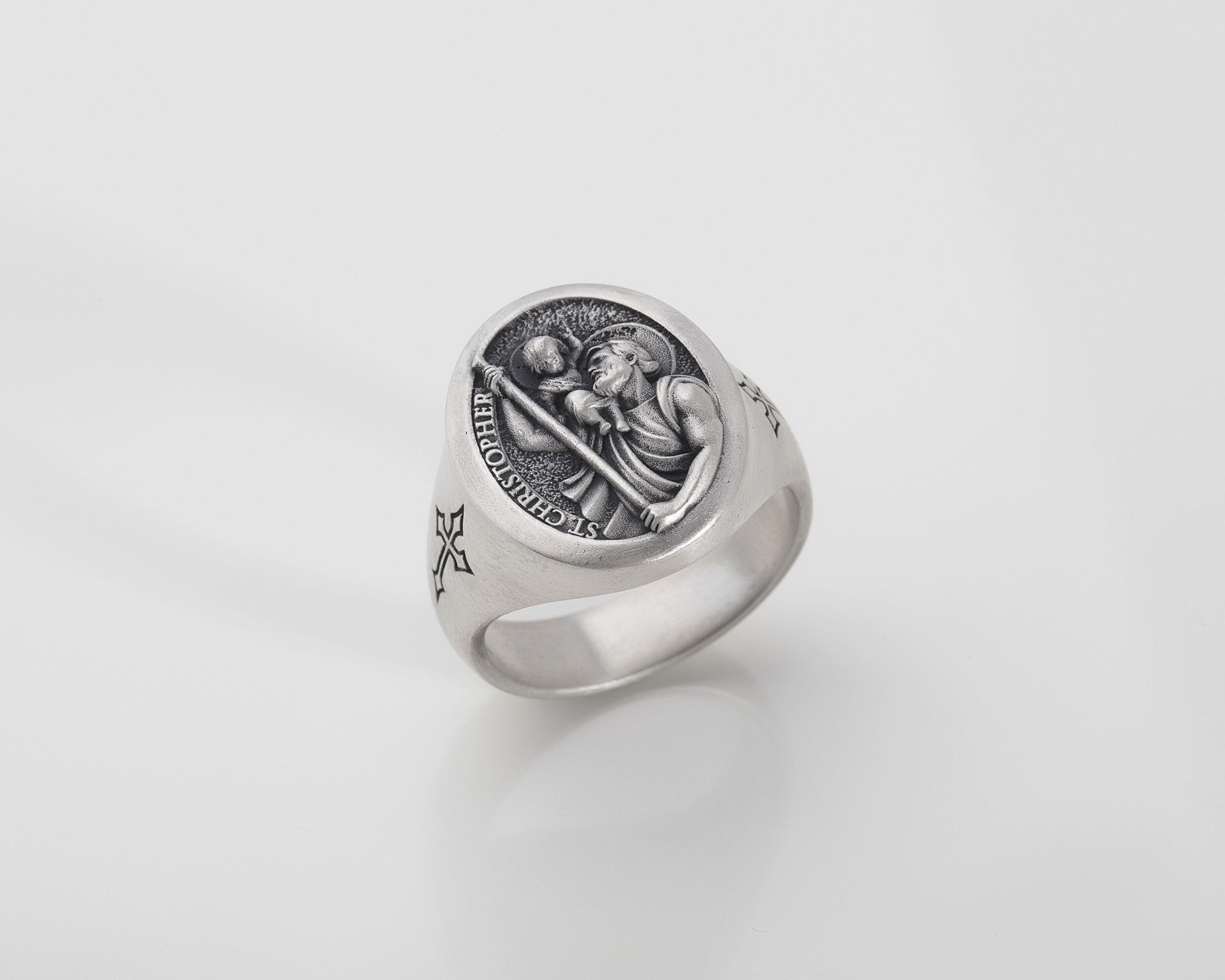 Silver St Christopher Ring in 2023  Multi chain necklace, Saint christopher,  Signet ring