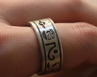 18Kエジプト結婚指輪、ユニセックスヒエログリフリング、ヒエログリフ
