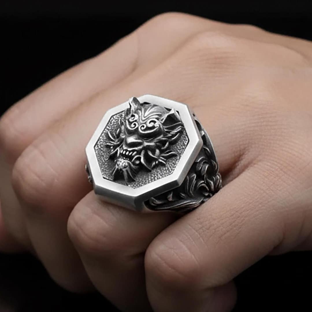 Sterling Silver Oni Mask Ring, Japanese Biker Jewelry , Hannya