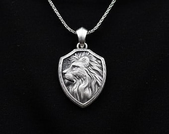 Lion Shield Pendant Necklace 925 Sterling Silver, Courage Strength Lion Amulet, Symbolic Animal Jewelry, Protection Necklace Gift Men Women