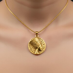 Silver Queen Nefertiti Charm Egyptian Hieroglyphs Pendant Ankh Women's Necklace Memorial Birthday Gift For Her Mother's Day Gift Gold Finish