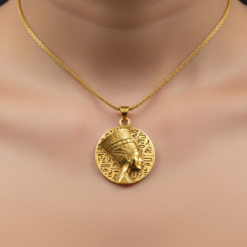 Silver Queen Nefertiti Charm Egyptian Hieroglyphs Pendant Ankh Women's Necklace Memorial Birthday Gift For Her Mother's Day Gift Gold Finish