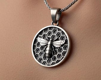Silver Bee Necklace, Honeycomb Pendant Gift For Her, Honeybee Charm Necklace, Insect Jewelry, Bumblebee, Birthday Gift