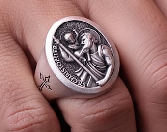 Silver St Christopher Signet Ring for Men⋆Catholic Jewelry Personalized Gifts for Men⋆Religious Jewelry Sterling Silver⋆Saint Christopher