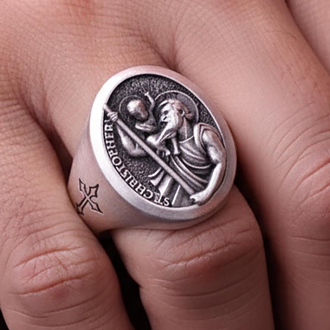 Silver St Christopher Signet Ring for Men⋆catholic Jewelry