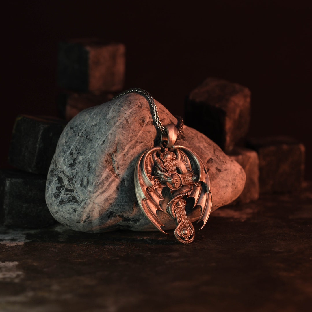 Dragon Cross Pendant, Celtic Style Jewel, Medieval Theme, Mythical