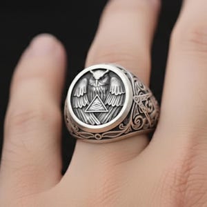 Anello con gufo saggio in argento e occhio onniveggente della Provvidenza / Anello in argento sterling da uomo / Idee regalo gotiche per anniversario