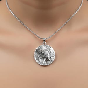 Silver Queen Nefertiti Charm Egyptian Hieroglyphs Pendant Ankh Women's Necklace Memorial Birthday Gift For Her Mother's Day Gift Polished Finish