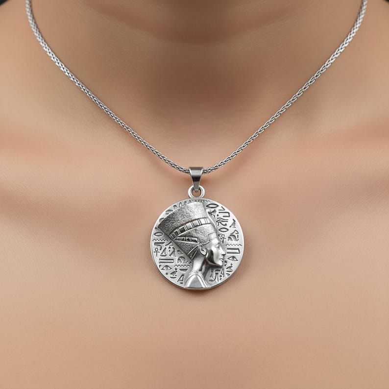 Silver Queen Nefertiti Charm Egyptian Hieroglyphs Pendant Ankh Women's Necklace Memorial Birthday Gift For Her Mother's Day Gift Polished Finish