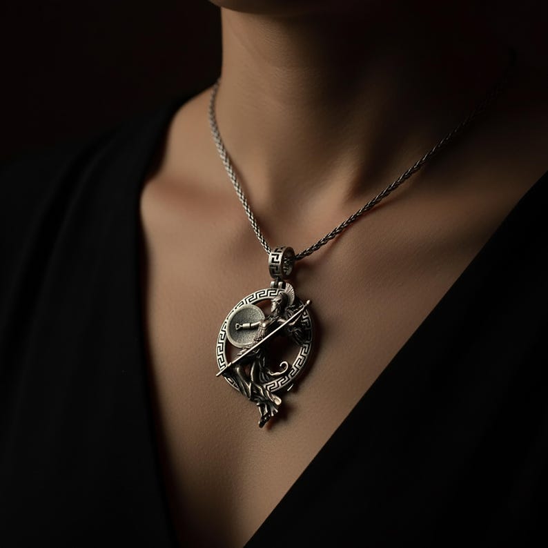 Athena Necklace, Minerva Pendant, Warrior Goddess, Athena Spear Charm, Athena Shield Charm, Sterling Athena, Silver Minerva, Goddess Jewelry Oxidized Finish