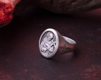 Saint Francis of Assisi Ring | Silver Signet Ring for Men | Catholic Jewelry Saint Rings | Gifts for Husband Anniversary | Handmade Jewelry
