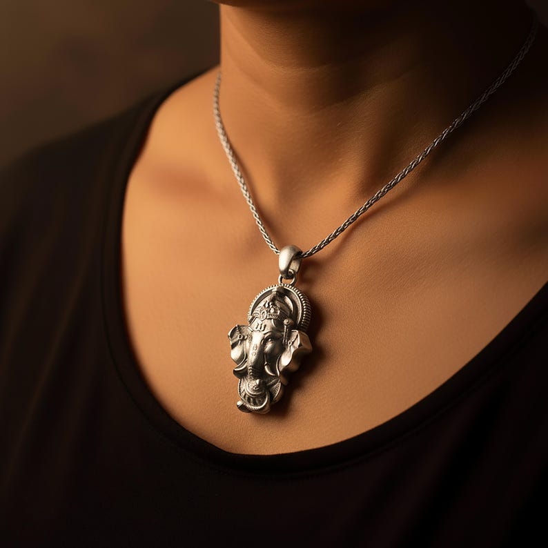 Sterling Silver Ganesha Pendant Necklace, Hindu Charm, Spiritual Jewelry Polished Finish