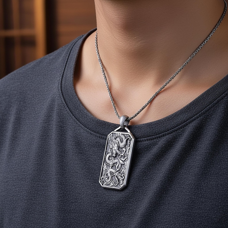 Chinese Dragon Pendant – Eastern Mythology Necklace for Men, Protection Amulet, Handcrafted Oxidized Silver Gift Oxidized Finish