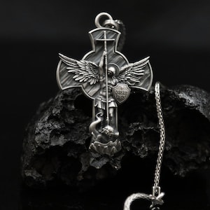 Sterling Silver Saint Michael the Archangel Pendant Crucifix Medallion| Customizable Christianity Religious Jewelry| Personalized Gift Men