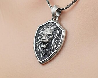 Sterling Silver Roaring Lion Shield Pendant, Courage Necklace