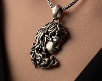 Oxidized Sterling Silver Medusa Pendant, Greek Mythology Necklace