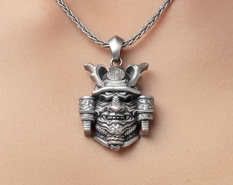 Collar con máscara de oni de plata de ley, colgante de demonio samurái, joyería japonesa