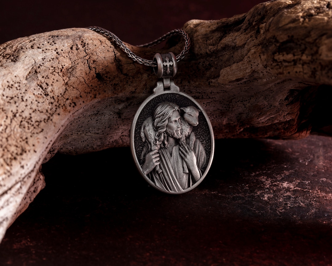 Jesus the Good Shepherd Necklace Sterling Silver Religious Pendant for