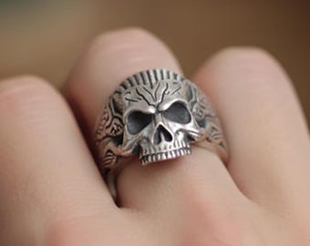 Sterling Silver Skull Ring | Biker Skull Ring | Christmas Jewelry for Spooky Season & Fall | Silver Skeleton Ring for Men Gothic