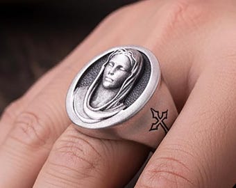 Virgin Mary Signet Ring - 925 Silver Our Lady of Grace, Catholic Protection Jewelry, Spiritual Devotion Gift