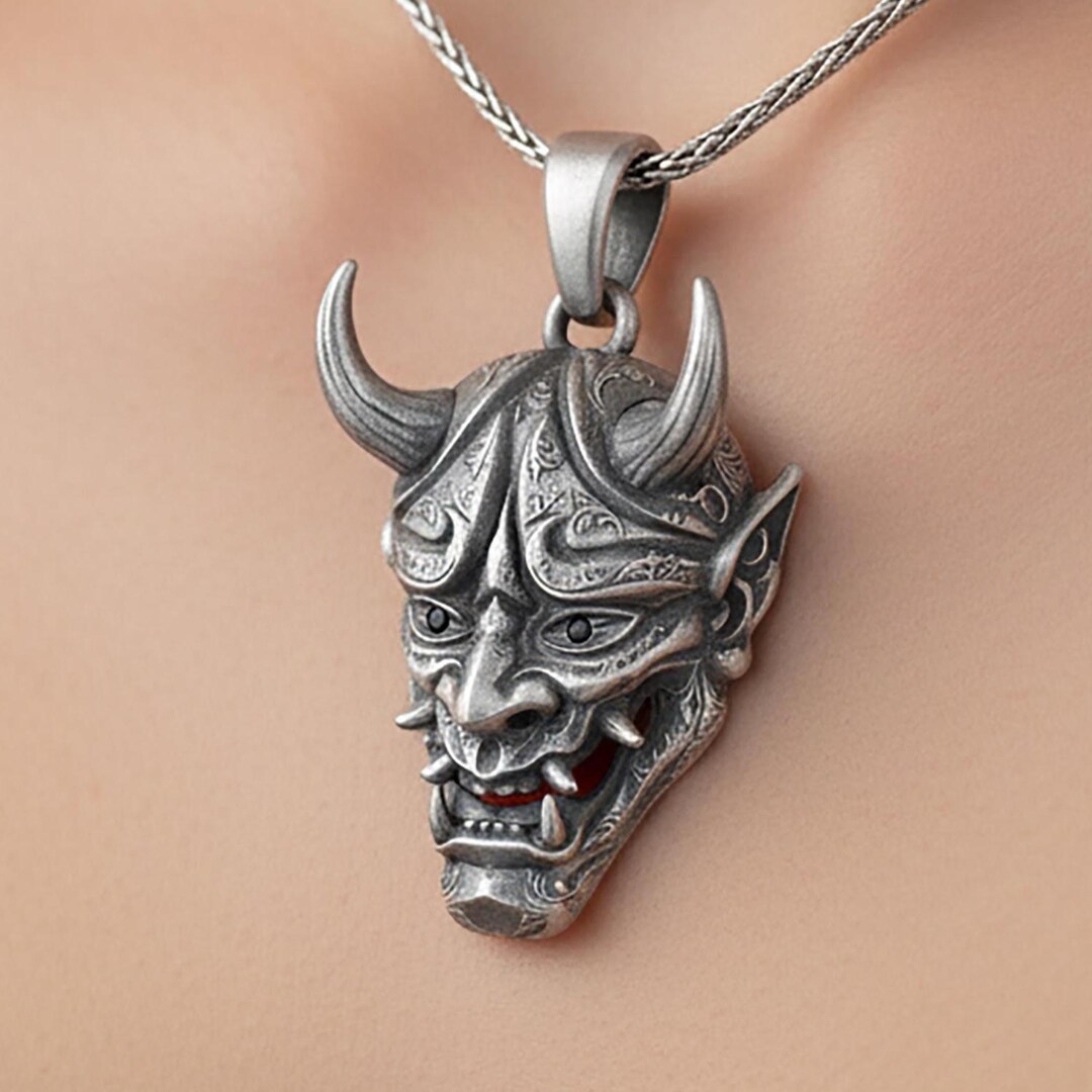 Oxidized Sterling Silver Hannya Mask Necklace, Japanese Oni Demon