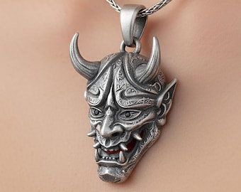 Collar de máscara Hannya de plata de ley oxidada, arte demoníaco japonés Oni