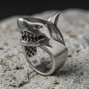 Ring aus massivem 925er Sterlingsilber mit Motiv eines Weißen Hais für Herren, mit geöffnetem Maul, scharfen Zähnen und Rückenflosse.