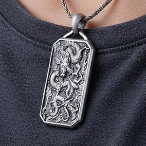 Chinese Dragon Pendant – Eastern Mythology Necklace for Men, Protection Amulet, Handcrafted Oxidized Silver Gift image 1