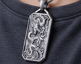 Chinese Dragon Pendant – Eastern Mythology Necklace for Men, Protection Amulet, Handcrafted Oxidized Silver Gift