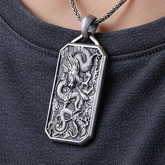 Chinese Dragon Pendant – Eastern Mythology Necklace for Men, Protection Amulet, Handcrafted Oxidized Silver Gift