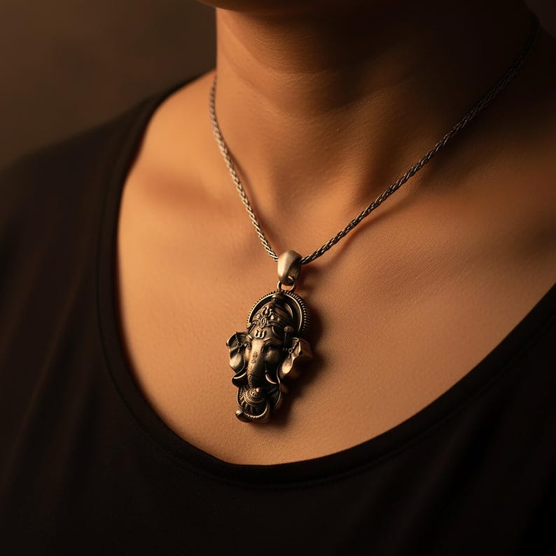 Sterling Silver Ganesha Pendant Necklace, Hindu Charm, Spiritual Jewelry Oxidized Finish