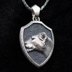 925 Sterling Silver Lioness Shield Pendant Necklace, Female Lion Jewelry for Women & Men, Symbol of Grace and Strength, Engravable Gift