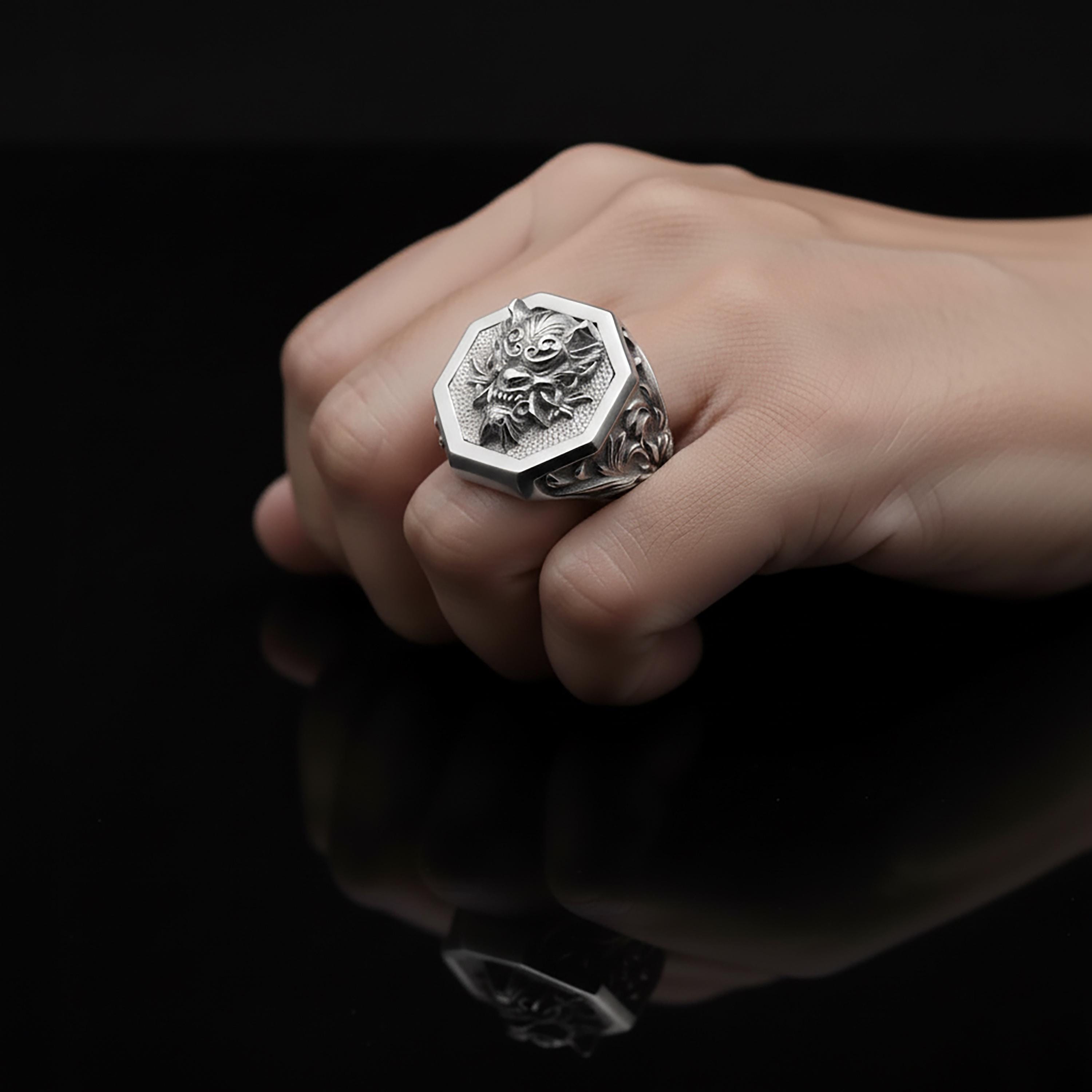 Sterling Silver Oni Mask Ring, Japanese Biker Jewelry , Hannya