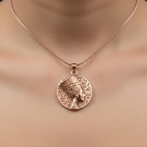 Silver Queen Nefertiti Charm Egyptian Hieroglyphs Pendant Ankh Women's Necklace Memorial Birthday Gift For Her Mother's Day Gift Rose Gold Finish