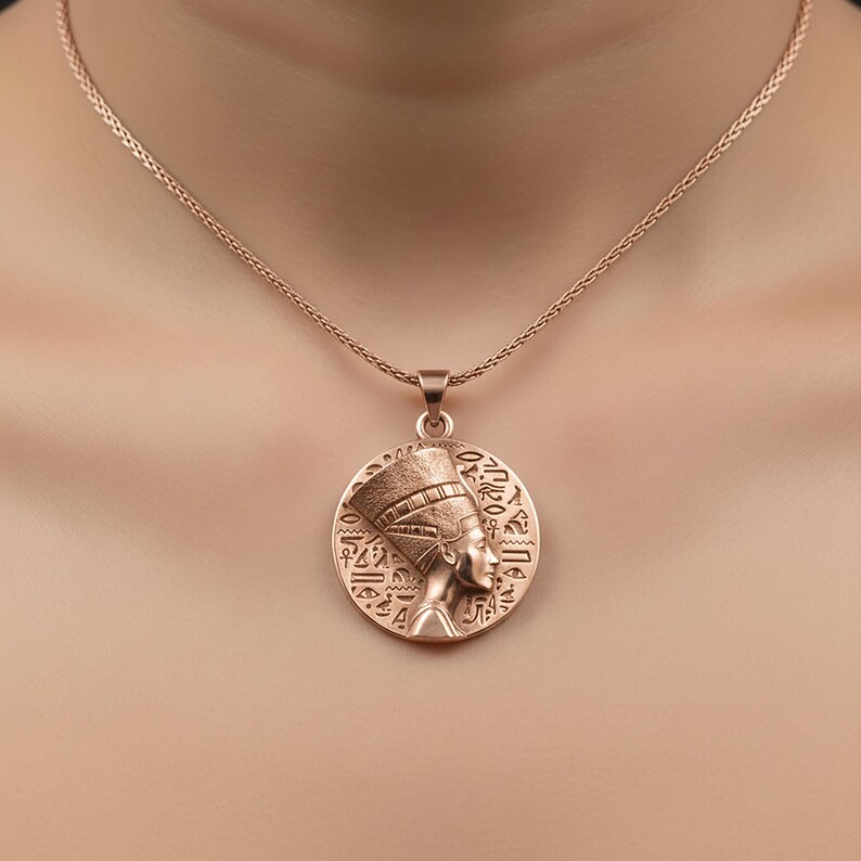 Silver Queen Nefertiti Charm Egyptian Hieroglyphs Pendant Ankh Women's Necklace Memorial Birthday Gift For Her Mother's Day Gift Rose Gold Finish