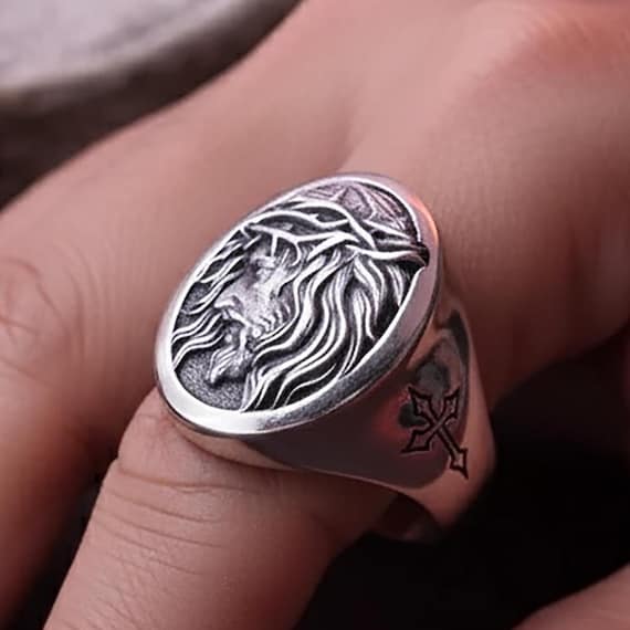 Jesus Crucifixion Ring - 925 Silver Nazareth Cross Signet, Christian Faith Jewelry, Catholic Gift for Him or Her