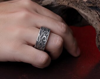 Sterling Silver Wave Ring, Unisex Handmade Band, Asian Mythology