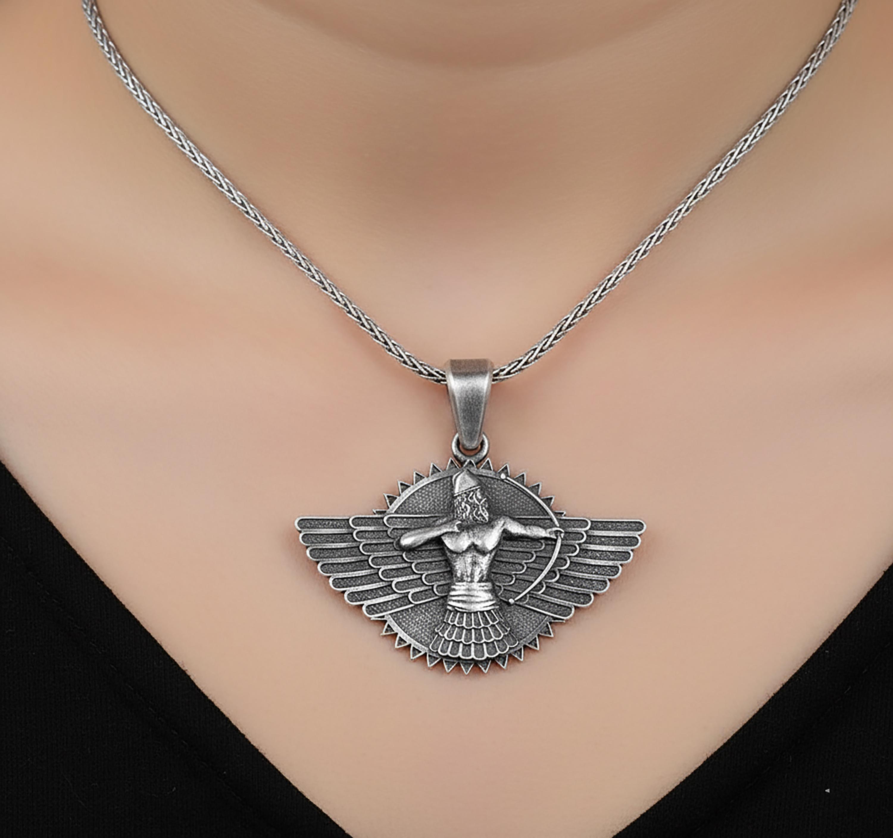 Faravahar Ahura Mazda Handmade Silver Necklace, Ancient Persia